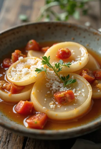 Daikon pörköltben tálalva, díszítve friss petrezselyemmel