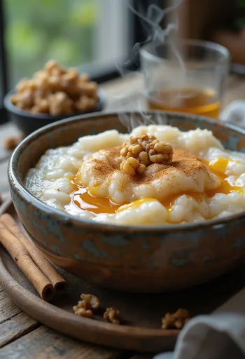 Fahéjas Congee tálalva, rizskása formában, díszítésként fahéjjal és gyümölcsökkel