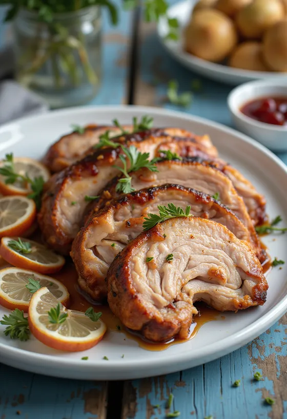 Füstölt BBQ pulykamell tálalva
