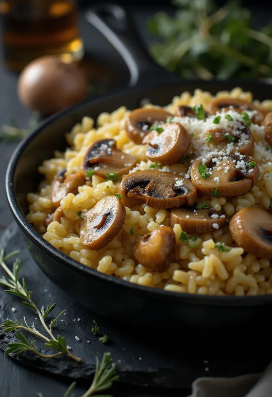 Gombás rizs tálalva friss petrezselyemmel és parmezánnal