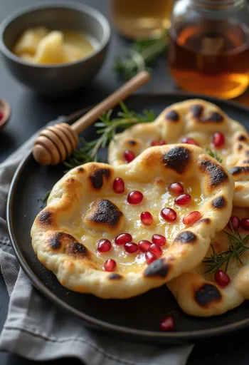 Gránátalmás naan kenyér tálalva