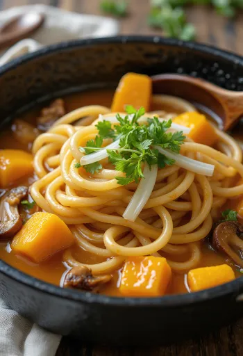 Hōtō udon tál tésztával és tökös levesben, friss korianderrel és szezámmaggal
