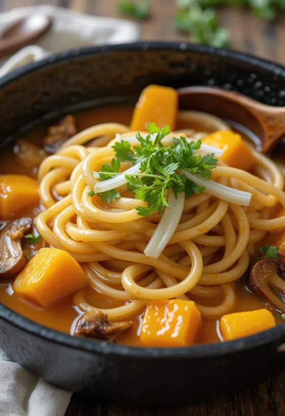 Hōtō udon tál tésztával és tökös levesben, friss korianderrel és szezámmaggal