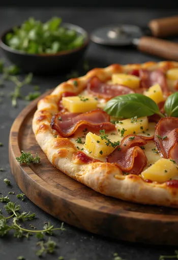 Húsimádó Hawaii pizza extra sonkával és szalonnával tálalva