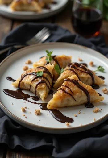 Édes japán gesztenyés gyoza csokoládéval tálalva