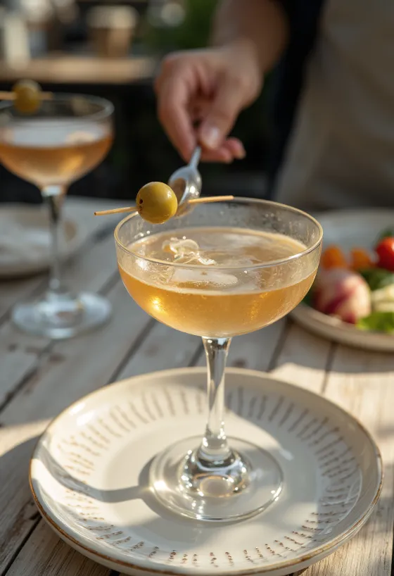 Martini koktél olívabogyóval díszítve