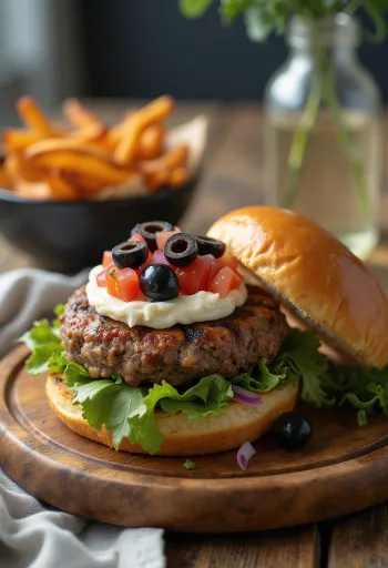Mediterrán olívás burger tálalva