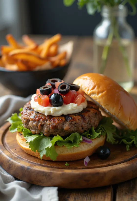 Mediterrán olívás burger tálalva