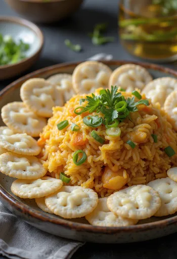 Nasi Goreng Kerupukkal, gazdag fűszerekkel és kerupukkal tálalva