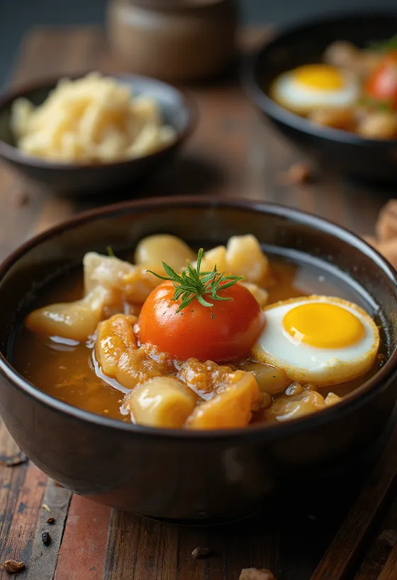 Oden paradicsommal, japán leves halal, tofuval, főtt tojással és friss paradicsommal