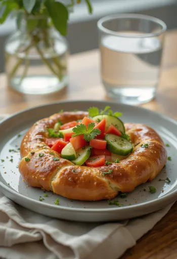 Pretzel zöldségekkel tálalva, gazdag friss zöldségekkel a tetején, kívül ropogós és belül puha.