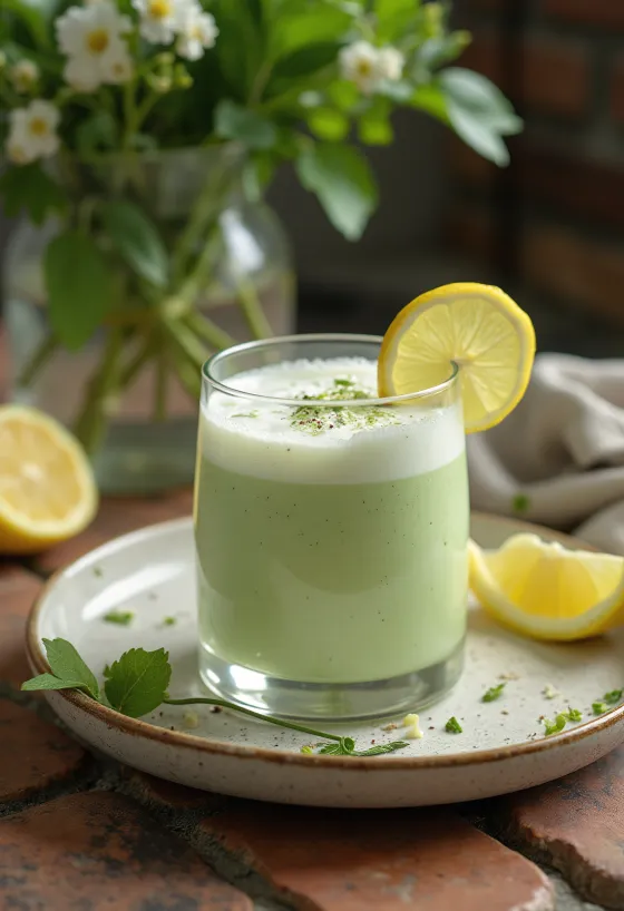 Zöld tea-mentás kefir poharakban tálalva, halványzöld árnyalatú ital formájában