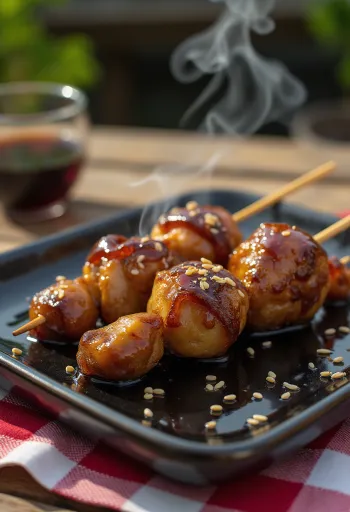 Reba yakitori csirke máj pálcikán, szezámmaggal és friss zöldhagymával tálalva