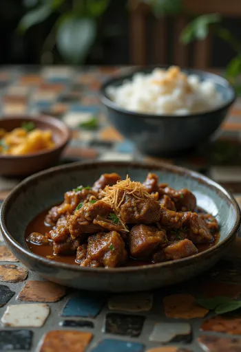 Rendang Daging, marhahússal, kókusztejjel, lime levével és friss korianderrel tálalva