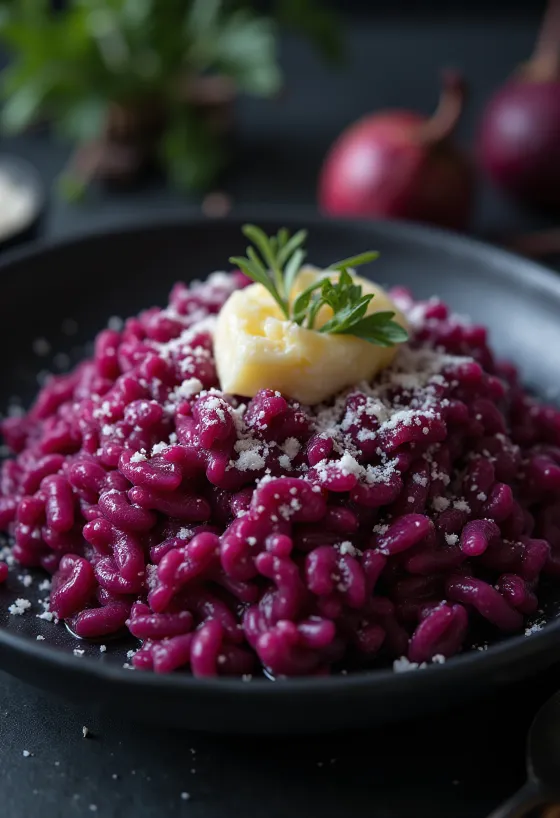 Rizottó céklával, parmezánnal és friss fűszerekkel tálalva