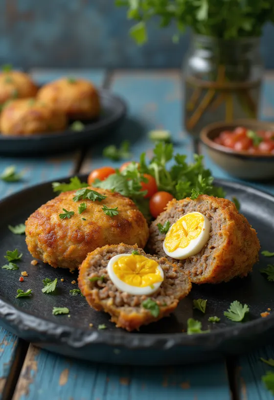 Scotch egg mexikói stílusban, friss korianderrel tálalva