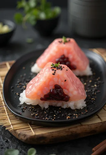 Sekihan onigiri rizsgolyókkal tálalva, nori alga és szezámolaj díszítéssel