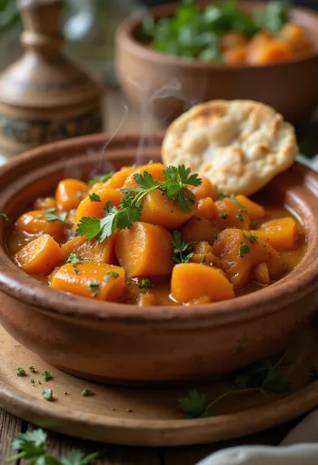 Klasszikus tagine sárgarépával, gazdag fűszerekkel tálalva, friss korianderrel