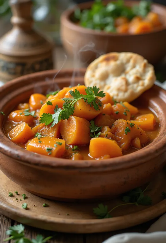 Klasszikus tagine sárgarépával, gazdag fűszerekkel tálalva, friss korianderrel
