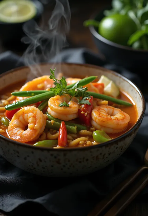 Thai curry garnélával, kókusztejjel és friss zöldségekkel tálalva