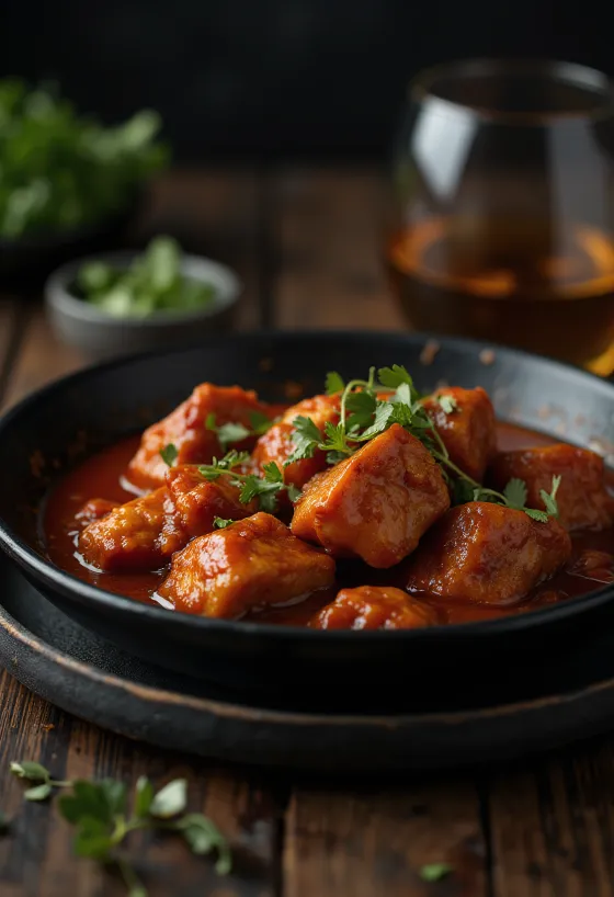 Vindaloo sertéshússal, fűszeres szószban tálalva