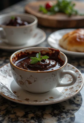 Vörösboros csokoládé chili szósz egy tálban, csokoládédarabokkal és chilivel díszítve.