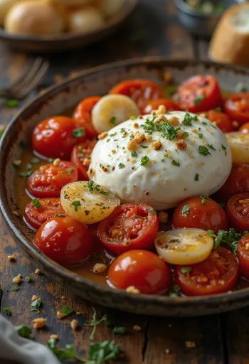 Burrata sült cseresznye paradicsommal, friss salátával és balzsamecettel tálalva.