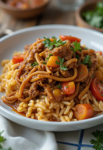 Carne Mechada tálalva arepával és rizzsel