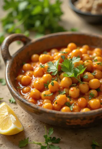 Chana Masala citromlével, egy fűszeres csicseriborsós étel friss korianderrel és citromlével tálalva