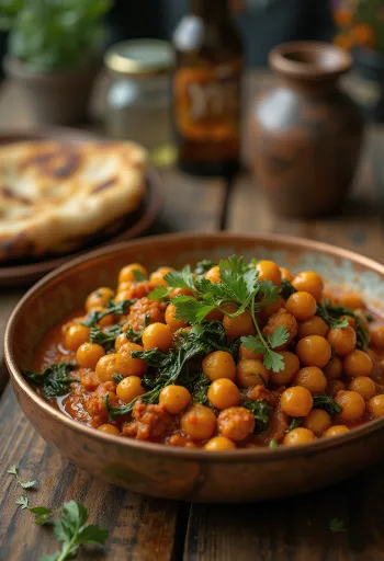 Chana masala spenóttal, friss korianderrel tálalva
