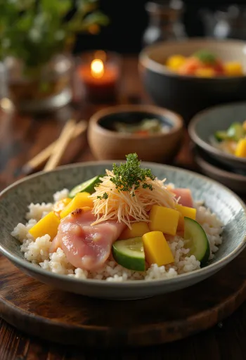 Chirashi tál mangóval és friss zöldségekkel tálalva