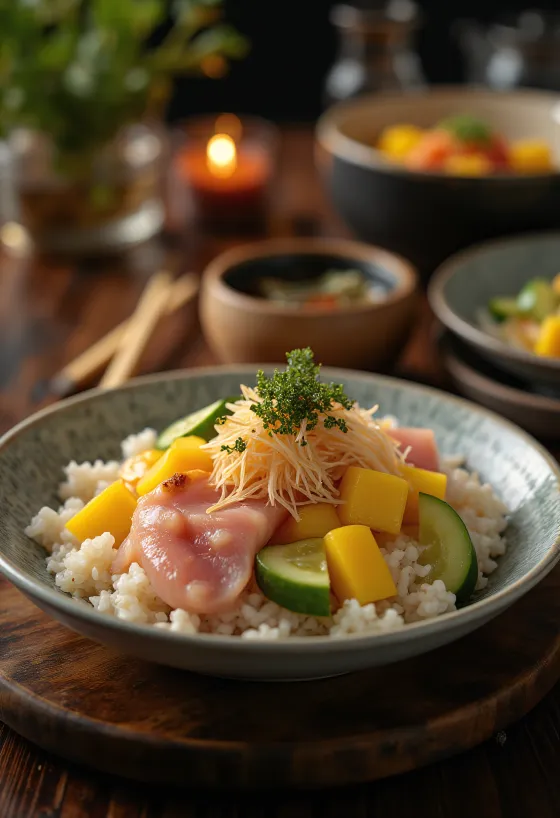 Chirashi tál mangóval és friss zöldségekkel tálalva