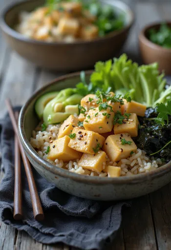 Chirashi tál tofuval, avokádóval, uborkával és nori algával tálalva