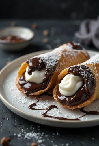 Csokoládéval mártott cannoli tálalva
