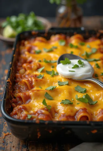 Enchilada babbal, friss korianderrel tálalva, sajt és enchilada szósz a tetején
