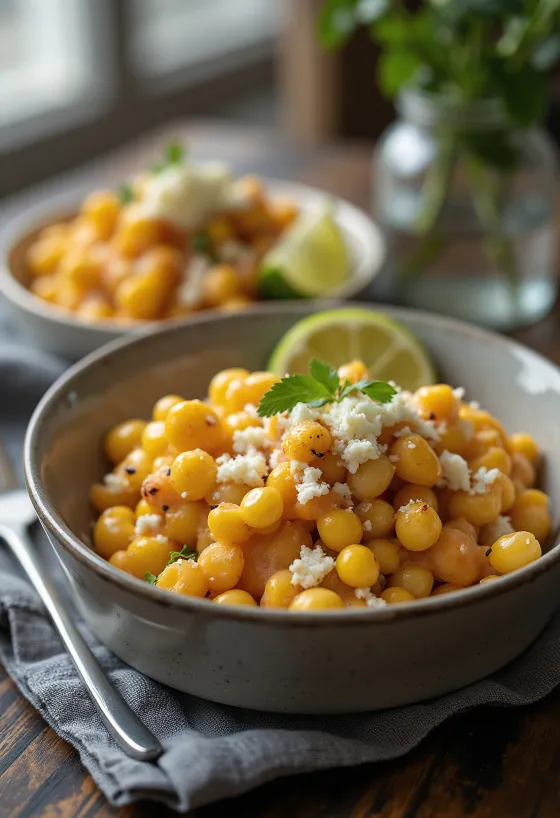 Esquites chipotle krémmel, reszelt sajttal és lime-mal tálalva