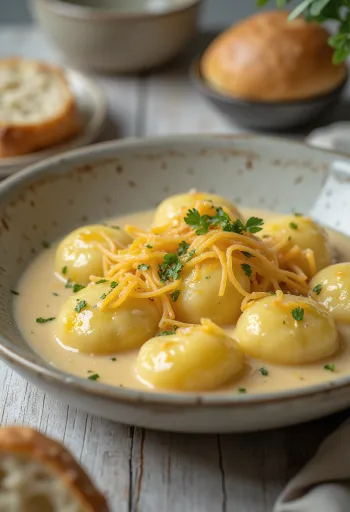 Füstölt sajtos gnocchi tálalva