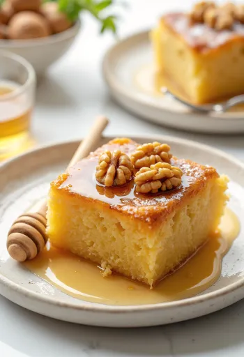 Görög mézes-diós torta dióbél díszítéssel és mézes mázzal