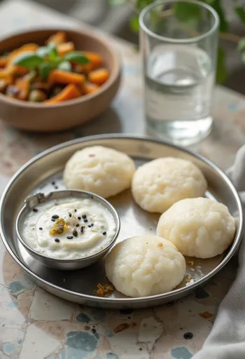 Idli frissen gőzölve chutneyval tálalva, friss zöldségekkel díszítve