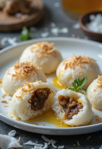 Idli édes töltelékkel, kókuszos és cukros töltelékkel tálalva