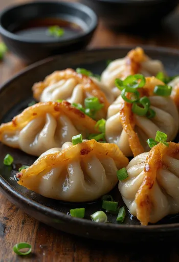 Japán gyoza pirítva és párolva tálalva, töltve sertéshússal és zöldségekkel
