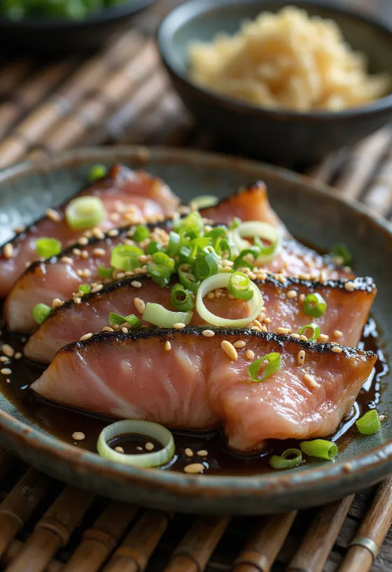 Katsuo tataki, friss tonhal újhagymával és szezámmaggal díszítve