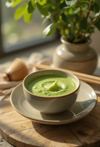 Egy csésze habos matcha tea, díszített matcha porral