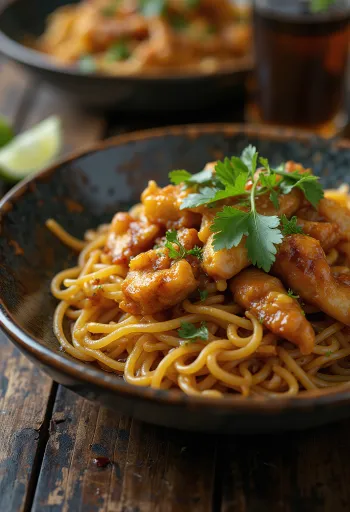 Mee Goreng csirkével, friss zöldségekkel és tojással tálalva