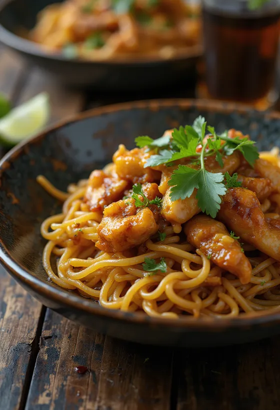 Mee Goreng csirkével, friss zöldségekkel és tojással tálalva