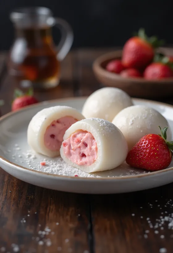 Mochi eperkrémmel, japán desszert, finom rizsliszt tésztával és friss eperkrémmel