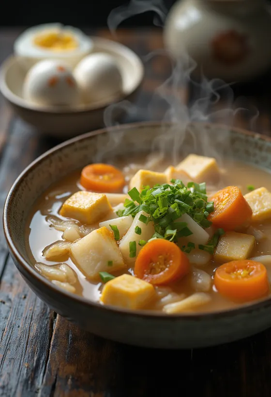 Oden tofuval, gazdag japán leves tofuval, tojással és spenóttal tálalva