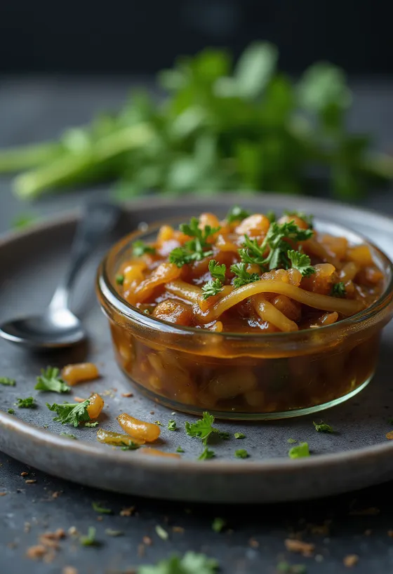 Prebiotikus házi póréhagyma chutney friss korianderrel tálalva