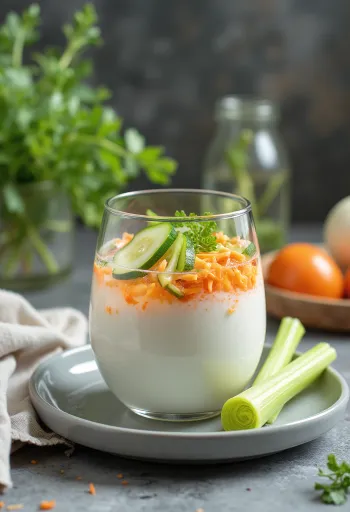 Probiotikus zöldséges kefir pohárban, világos árnyalatú ital apró zöldségdarabokkal