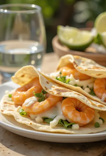 Quesadilla garnélával töltve, olvadt sajttal, lime-gerezdekkel tálalva